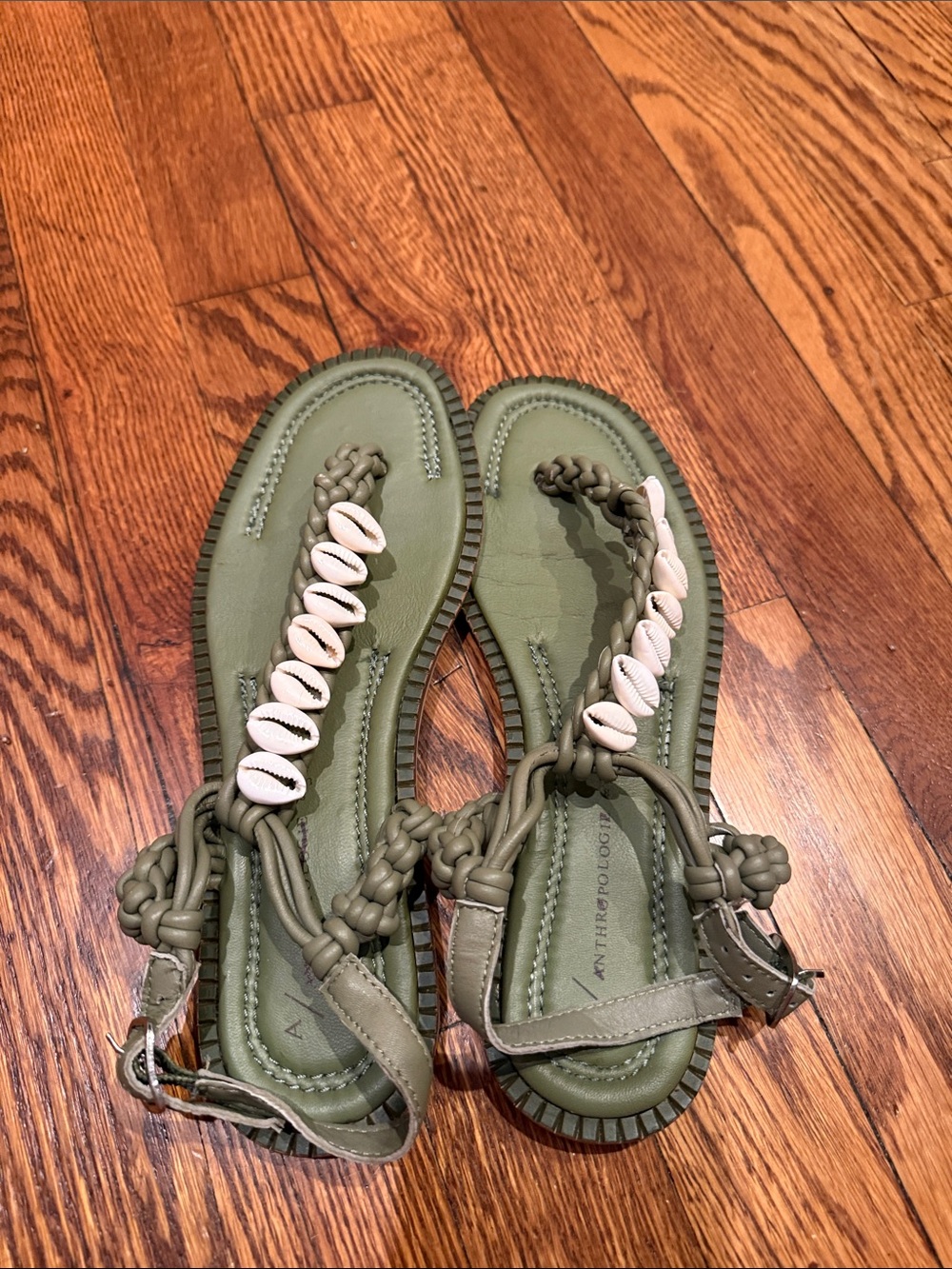 Anthropologie Olive Green Braided T-Strap Sandals with Shell Trim